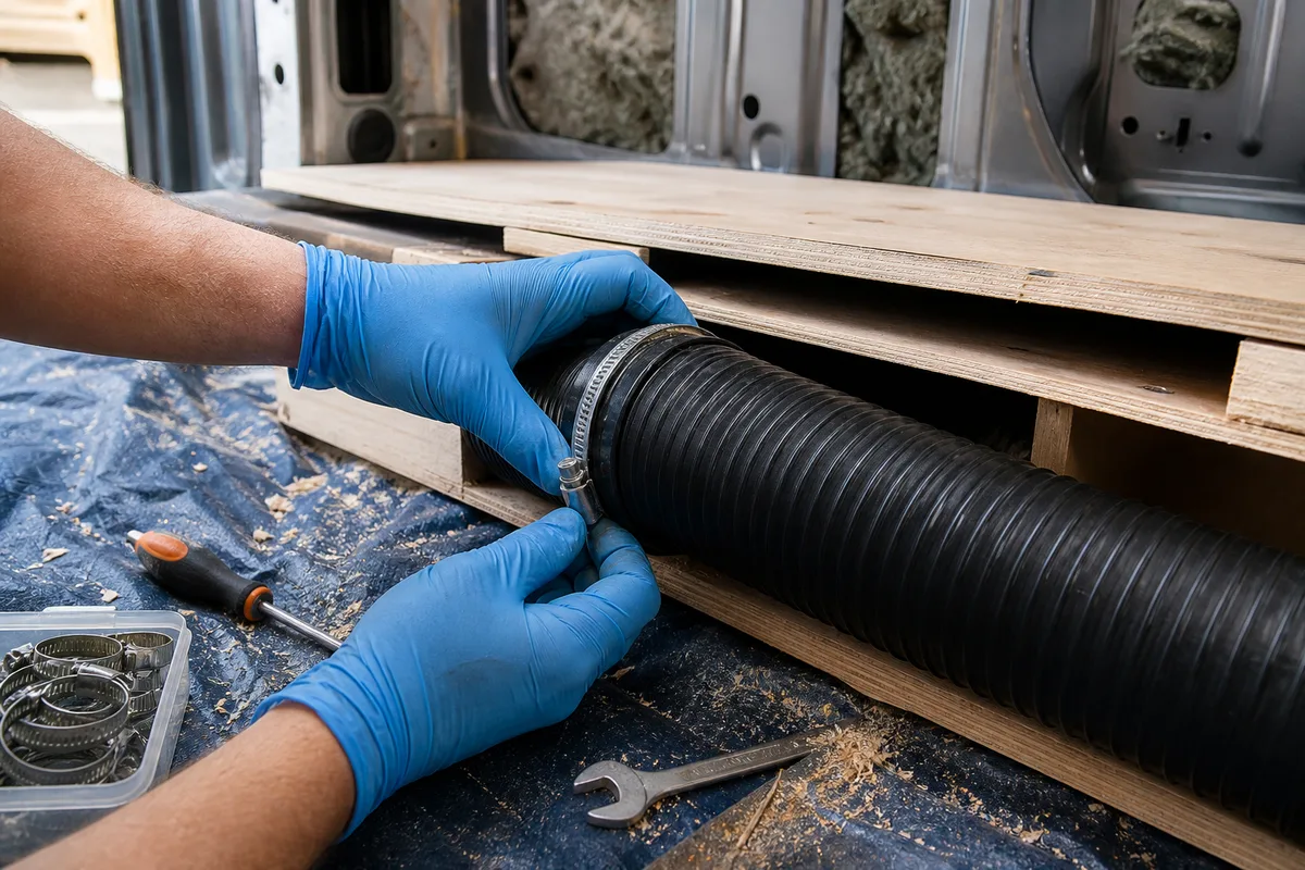 Mains raccordant une gaine d&rsquo;air chaud sous le plancher d&rsquo;un fourgon aménagé en cours de chantier