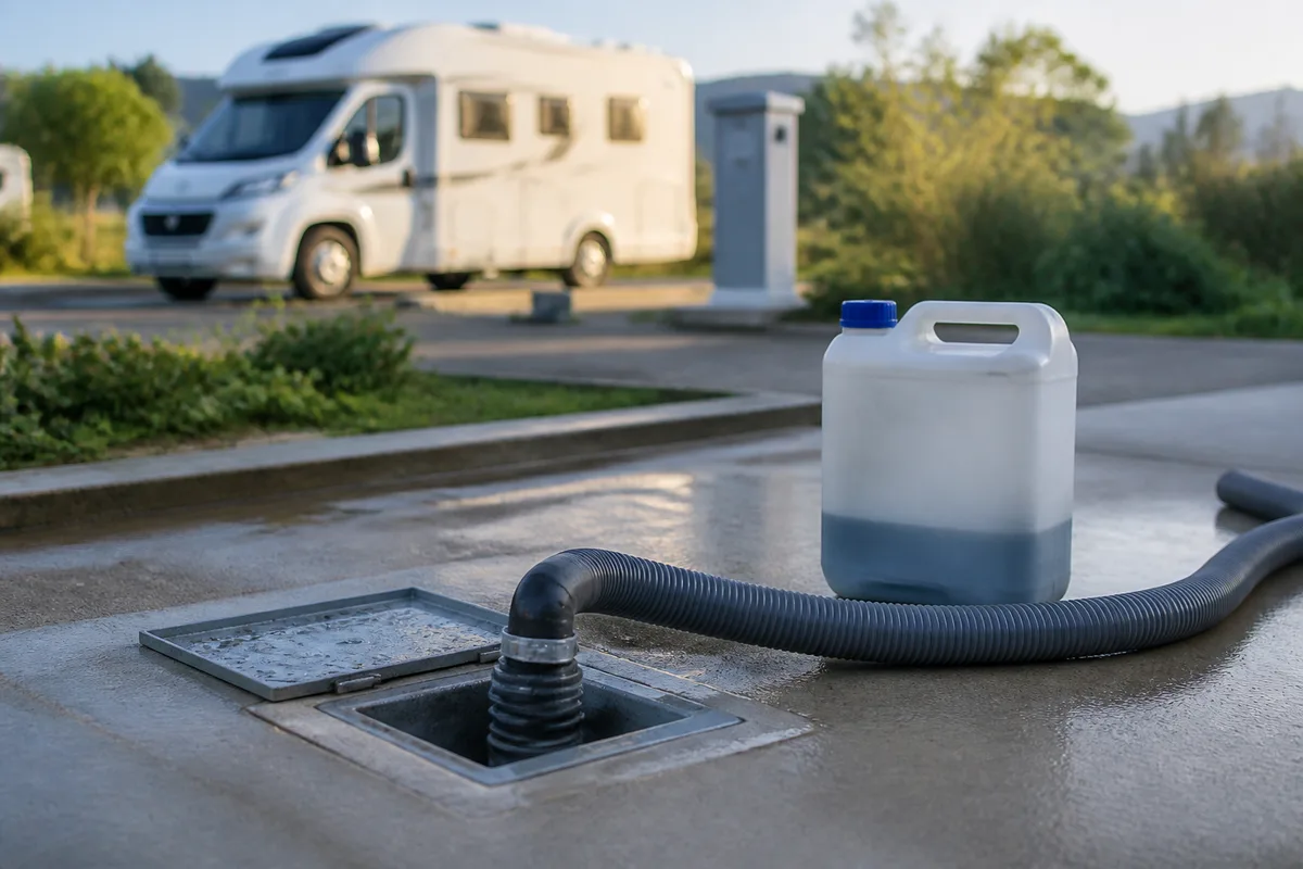 Vidange d’un réservoir d’eaux grises sur une aire de service pour véhicules aménagés