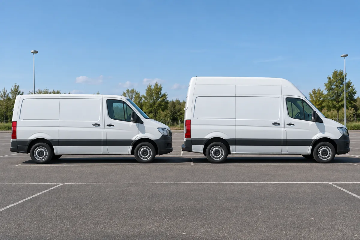 Deux fourgons blancs de hauteurs différentes garés côte à côte sur un parking vide