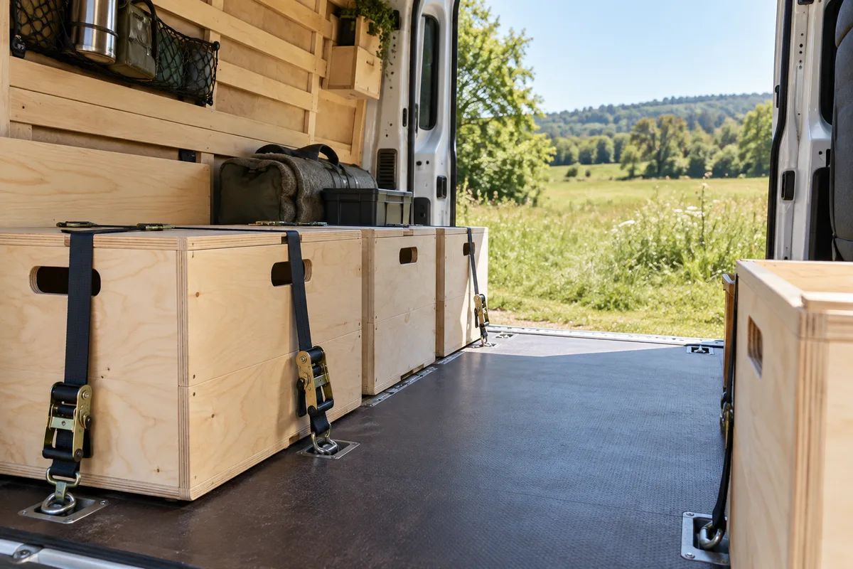 Caisses de rangement en bois clair sanglées au plancher d&rsquo;un fourgon, porte latérale ouverte sur une prairie