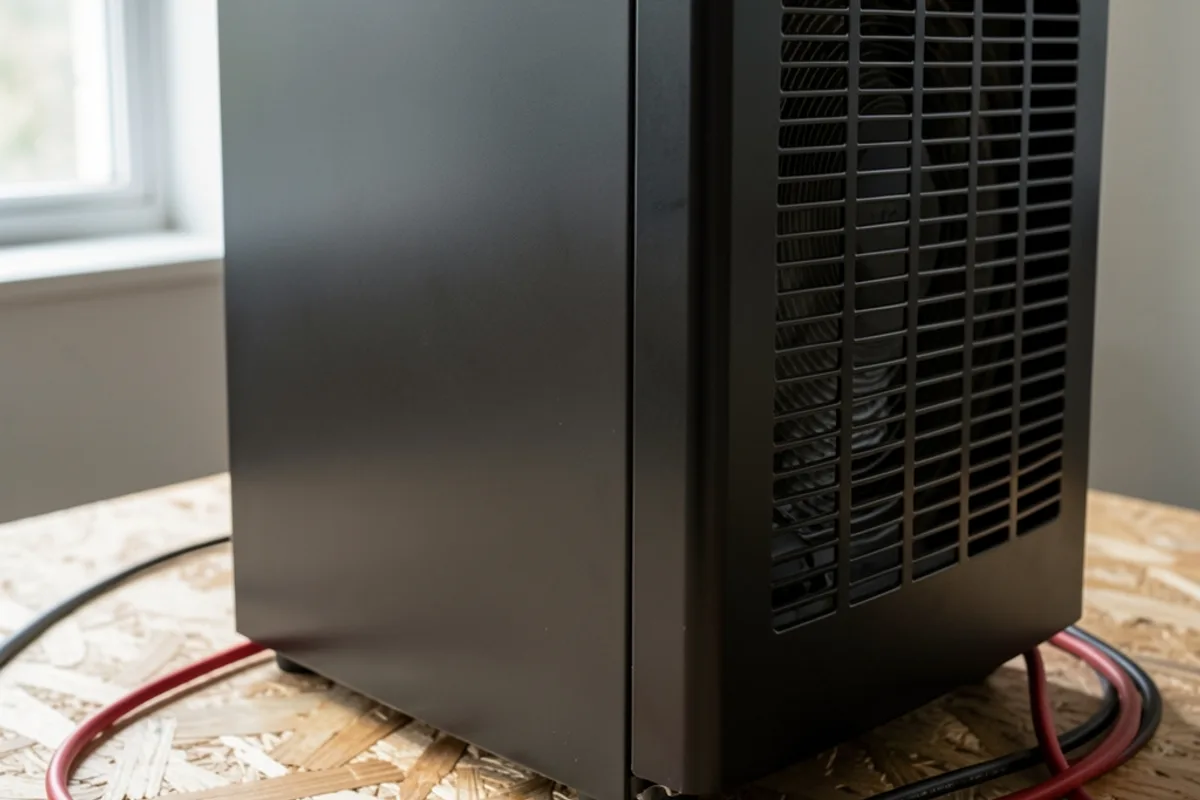 Dos d’un réfrigérateur à compresseur posé au sol d’un atelier, grille de ventilation et câble d’alimentation