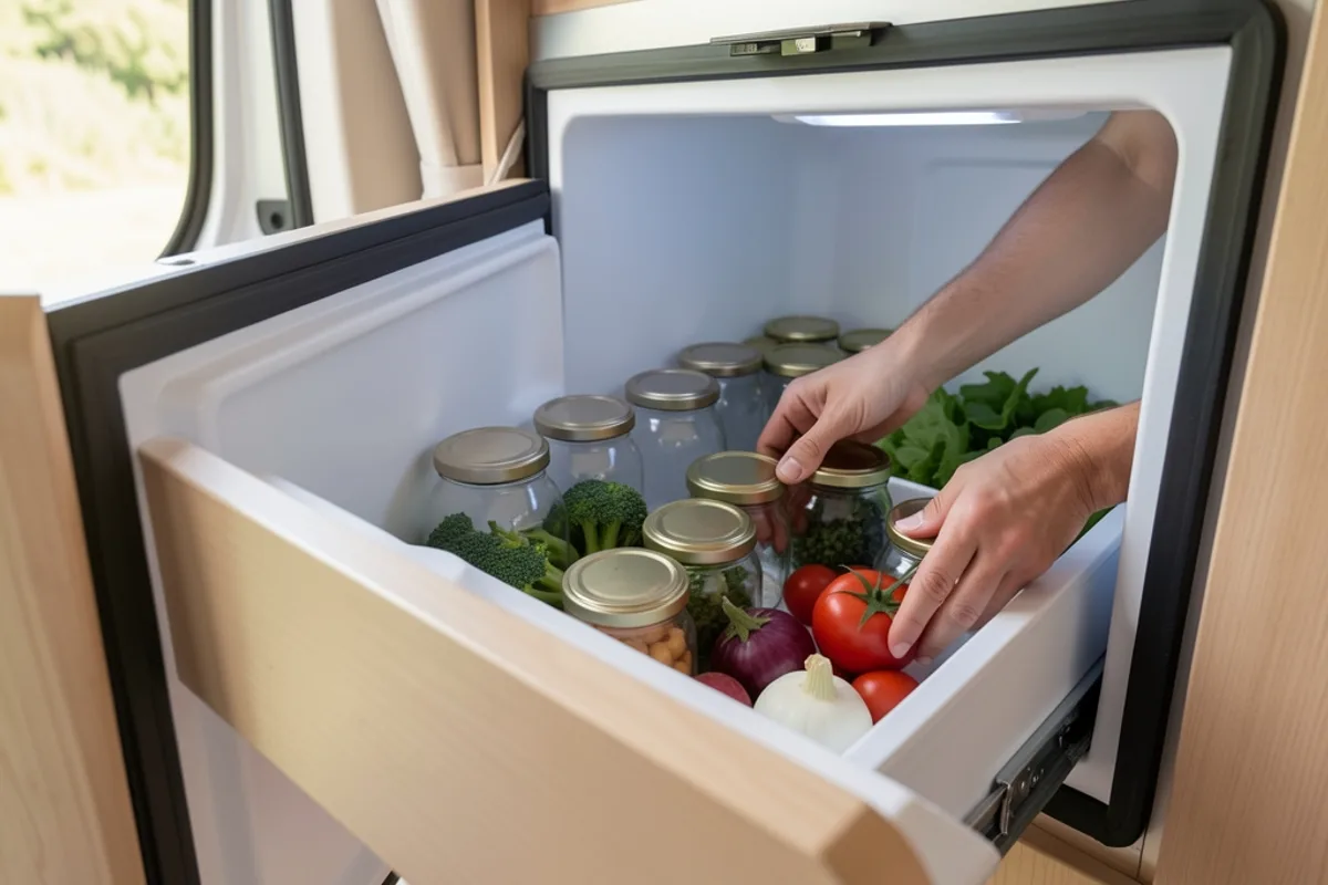 Mains rangeant des bocaux en verre et des légumes dans un frigo tiroir ouvert
