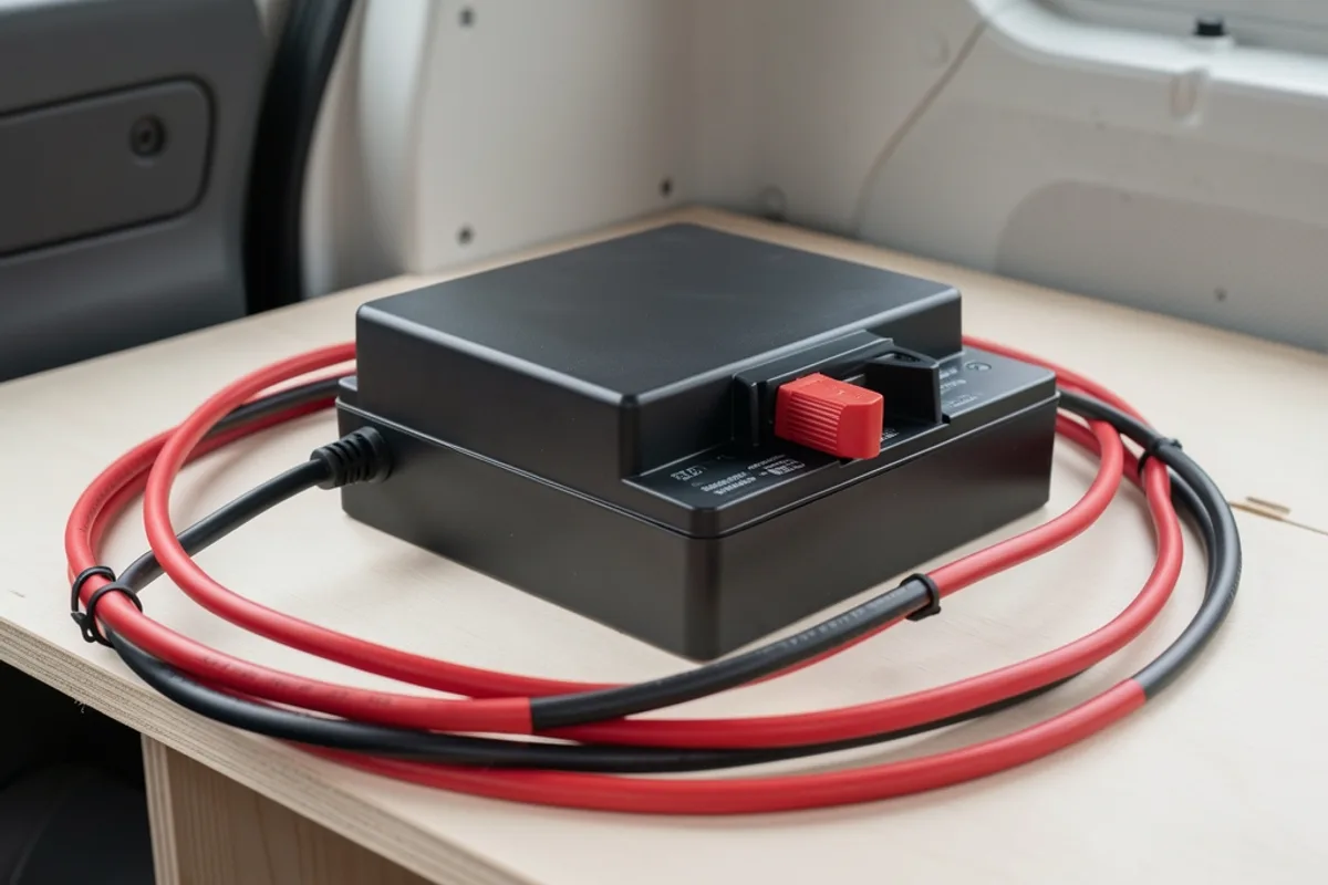 Batterie auxiliaire et coupe-circuit fixés dans un coffre de van, câbles gainés