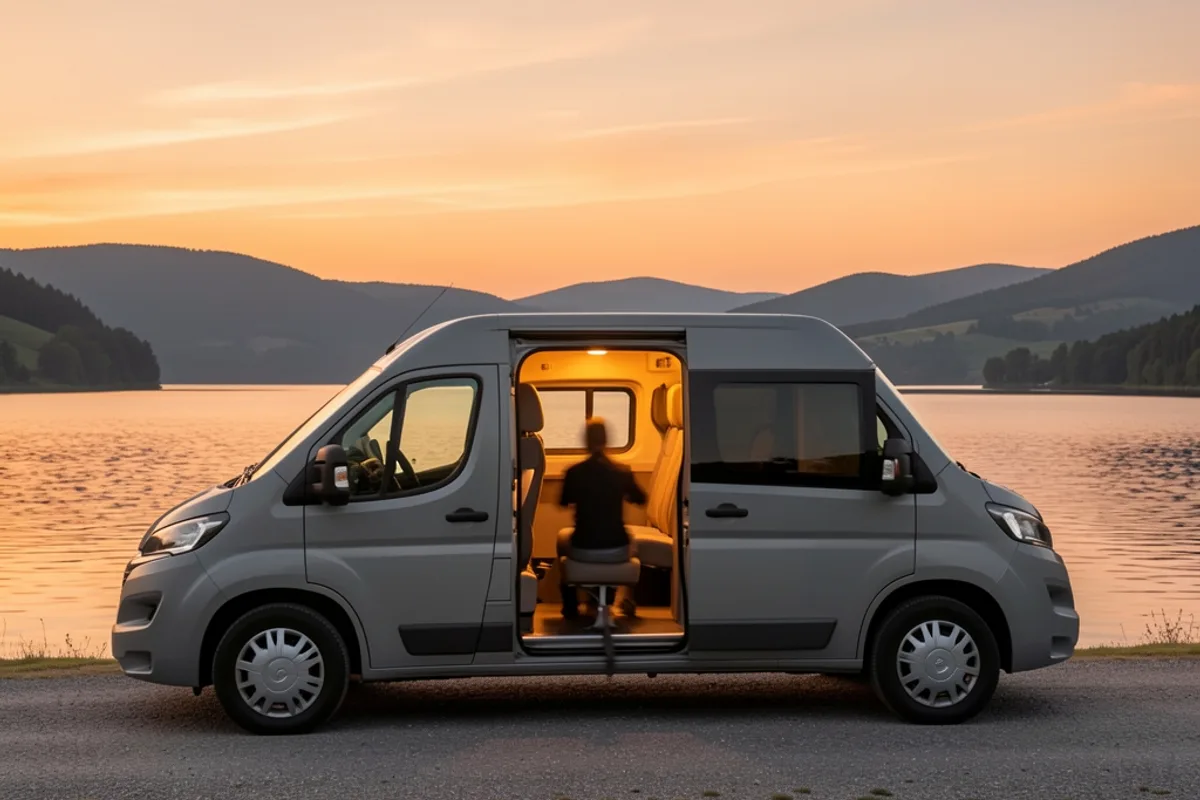 Van aménagé garé au bord d’un lac au crépuscule, porte latérale ouverte et lumière chaude à l’intérieur