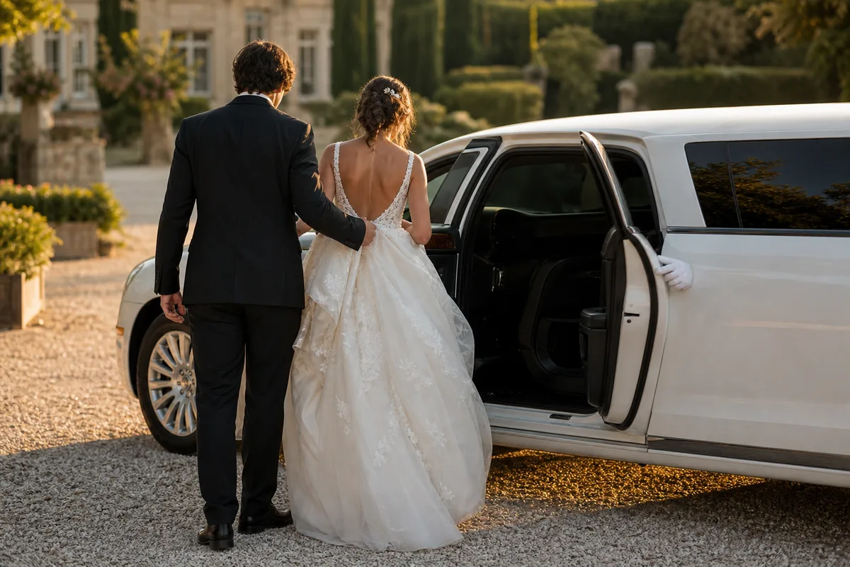 Couple de mariés montant dans une limousine blanche décorée
