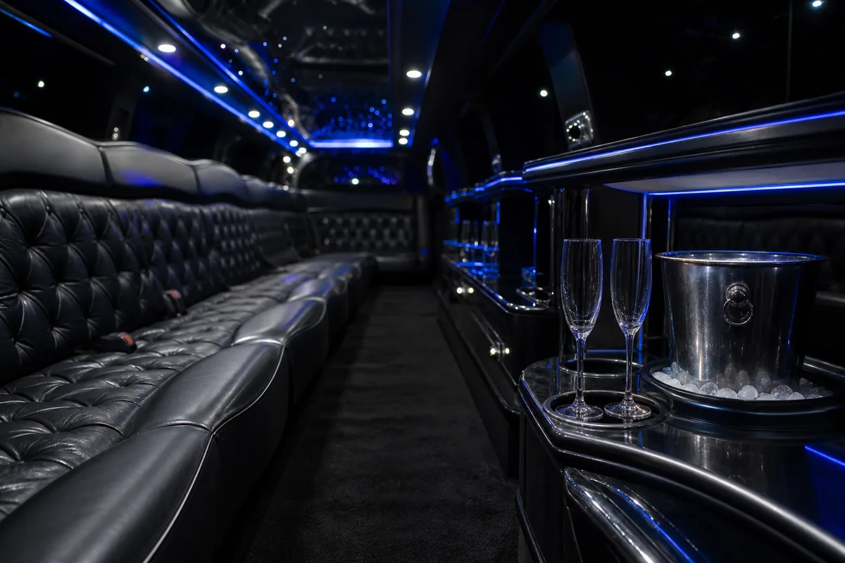 Intérieur d&rsquo;une limousine avec banquette en cuir et éclairage d&rsquo;ambiance