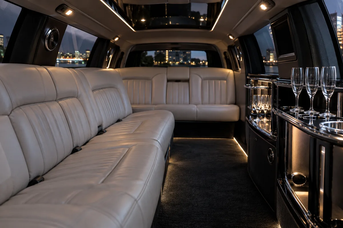 Intérieur d&rsquo;une limousine vide avec banquette en cuir clair et flûtes posées sur une tablette