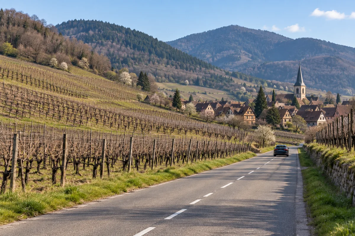 Route bordée de vignes au pied de collines boisées sous un ciel clair de printemps