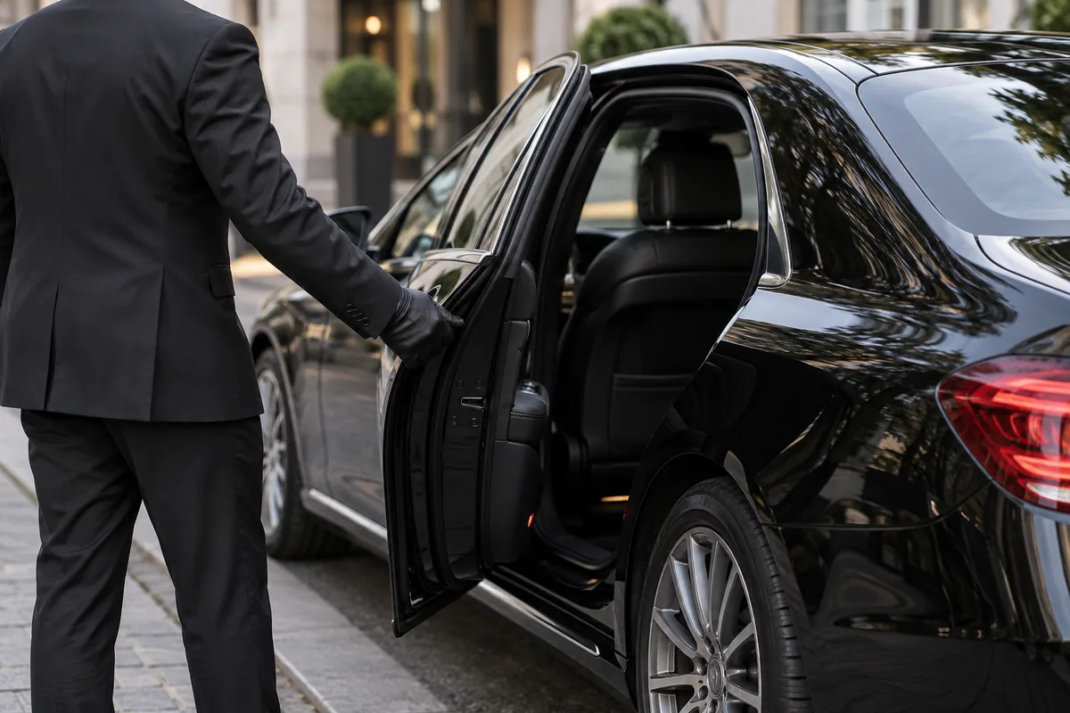 Mains gantées d&rsquo;un chauffeur ouvrant la portière arrière d&rsquo;une berline longue noire