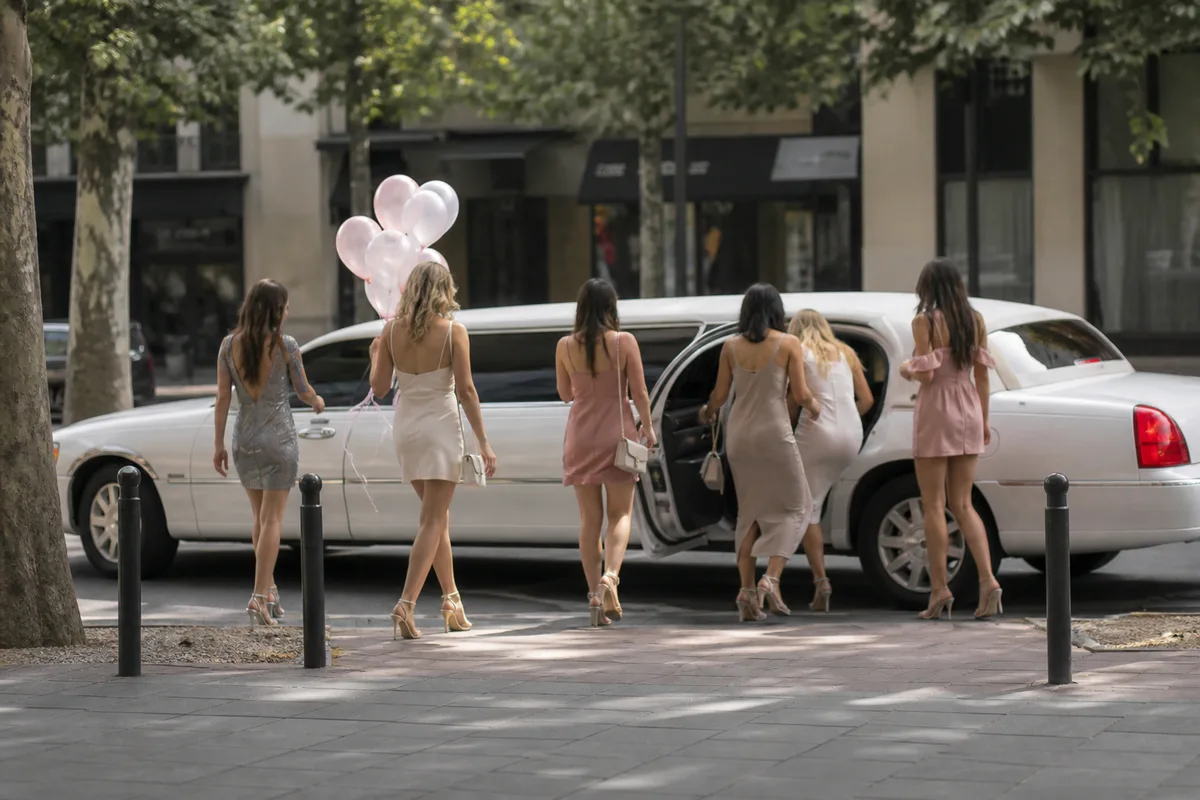Groupe d&rsquo;amies souriantes montant à bord d&rsquo;une limousine blanche devant un immeuble haussmannien
