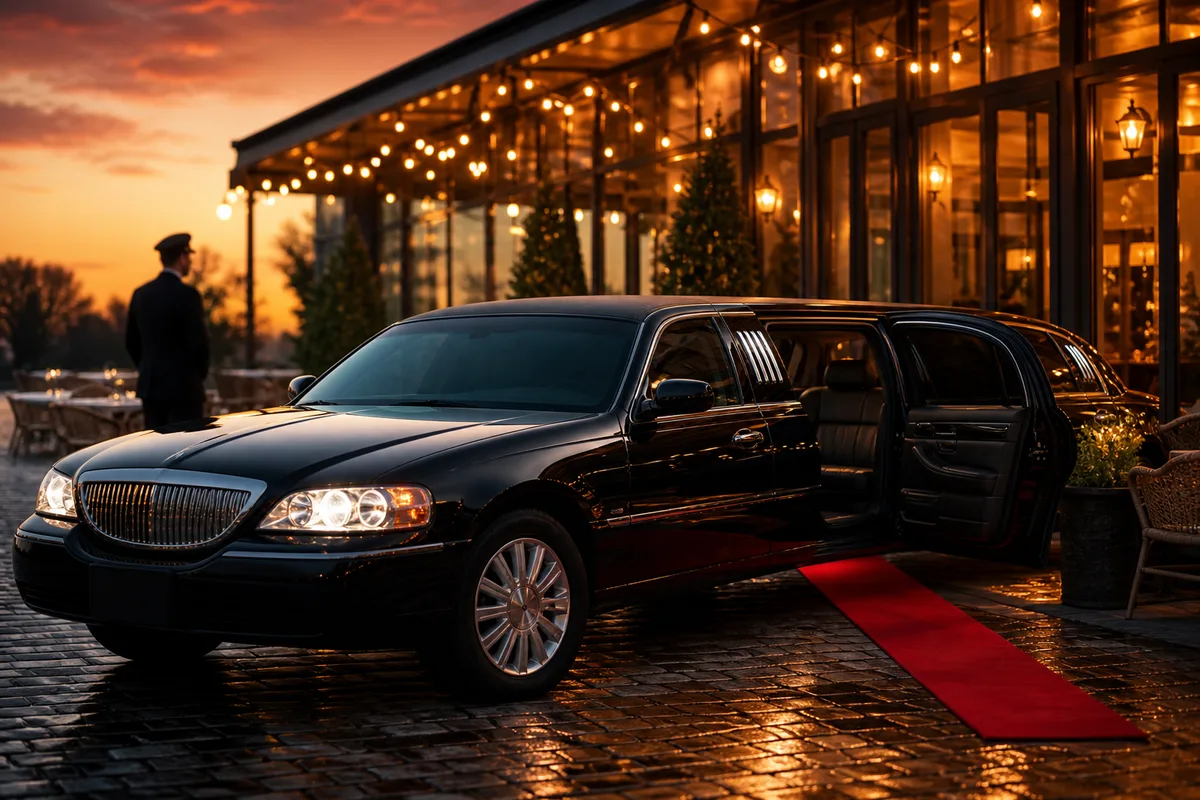 Limousine noire stationnée au coucher du soleil devant un restaurant, portière ouverte et tapis rouge déroulé