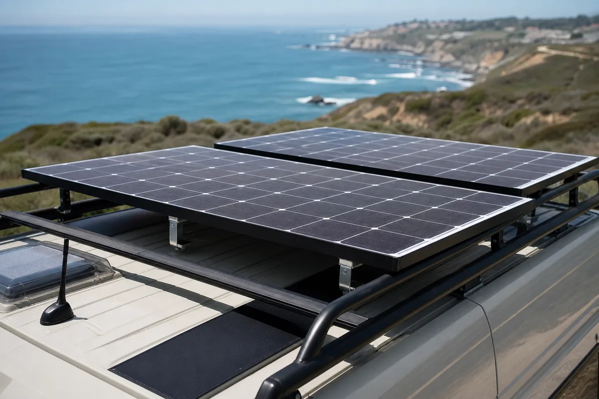 Deux panneaux solaires rigides fixés sur le toit d&rsquo;un van aménagé garé face à la mer
