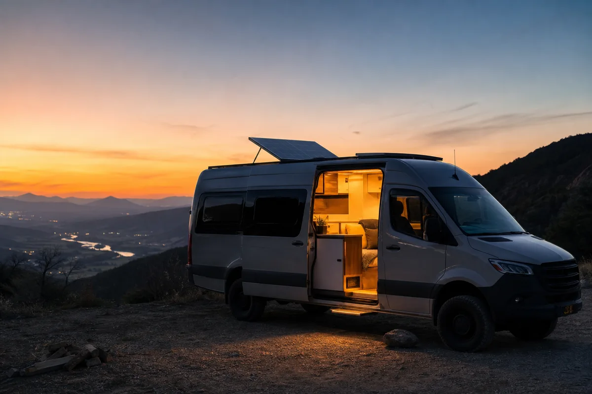 Van aménagé au coucher de soleil avec panneau solaire sur le toit, éclairage intérieur allumé