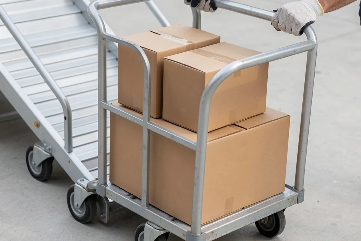 Mains gantées inclinant un chariot de manutention métallique chargé de cartons au pied d&rsquo;une rampe de chargement
