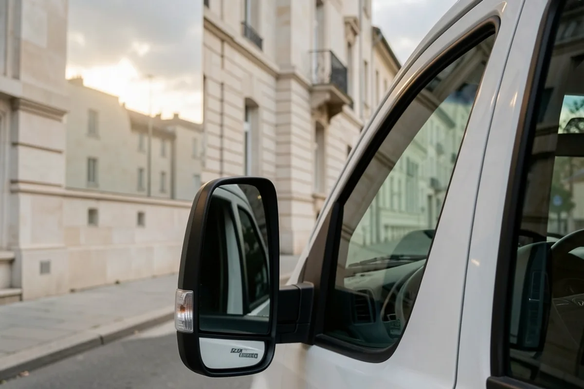 Rétroviseur et flanc d&rsquo;un utilitaire garé en épi devant un immeuble, rue calme en perspective sous un ciel voilé