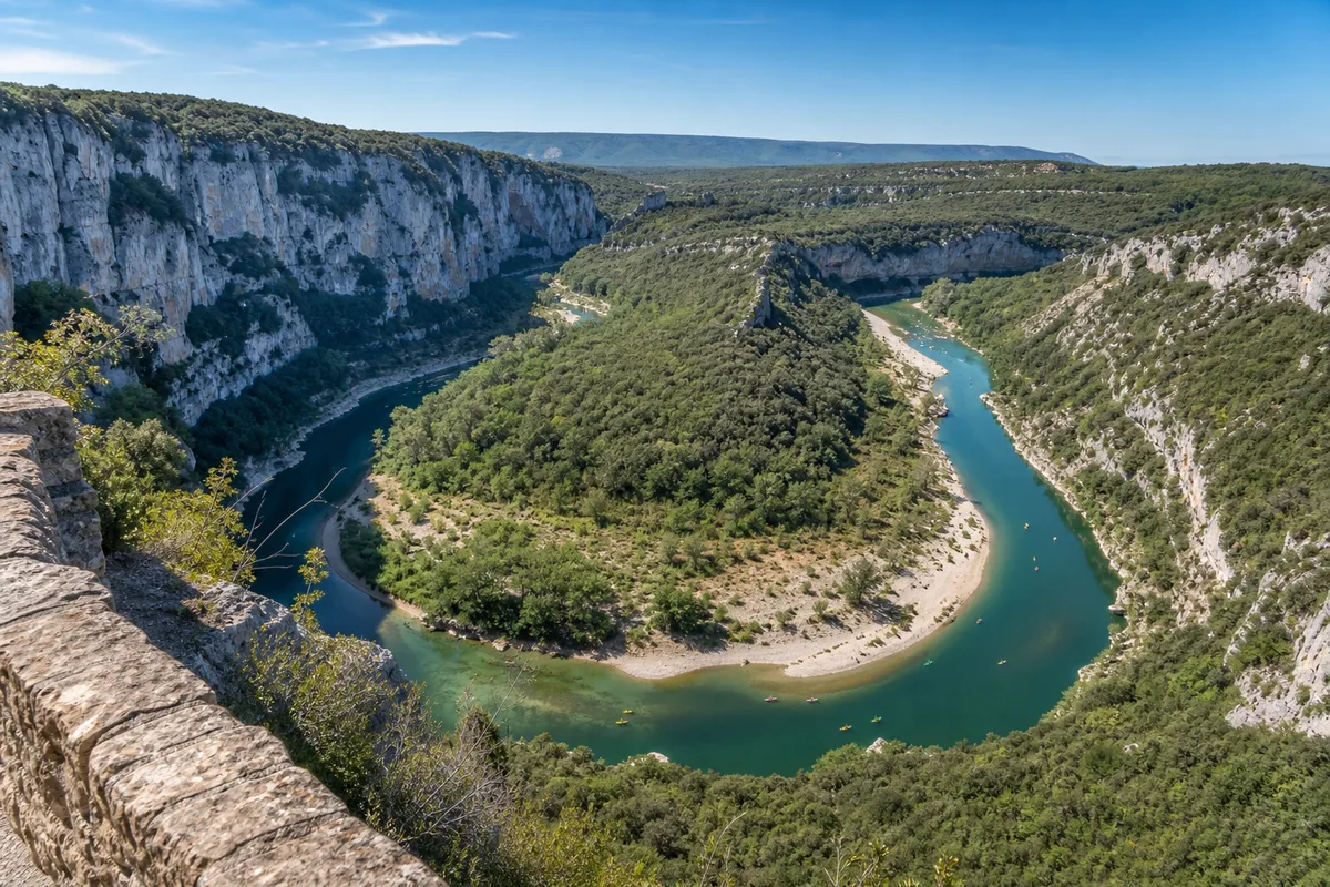 Méandre des gorges de l’Ardèche vu depuis un belvédère de la route touristique