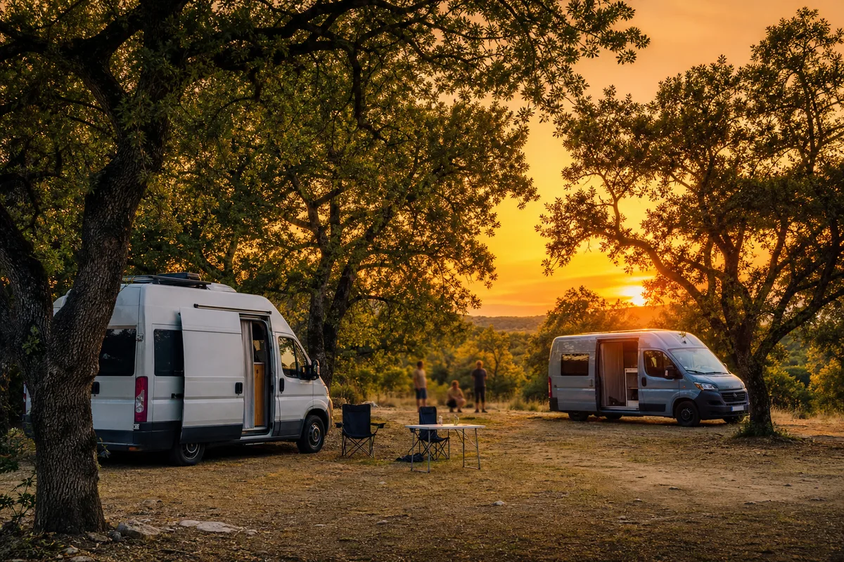 Aire de stationnement pour vans au coucher du soleil près de Ruoms