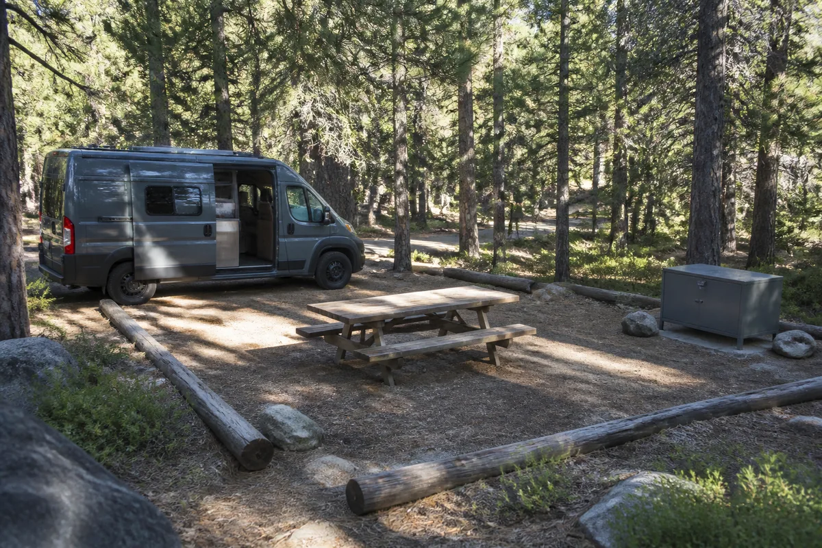 Emplacement de camping délimité sous les pins avec fourgon et coffre de stockage alimentaire