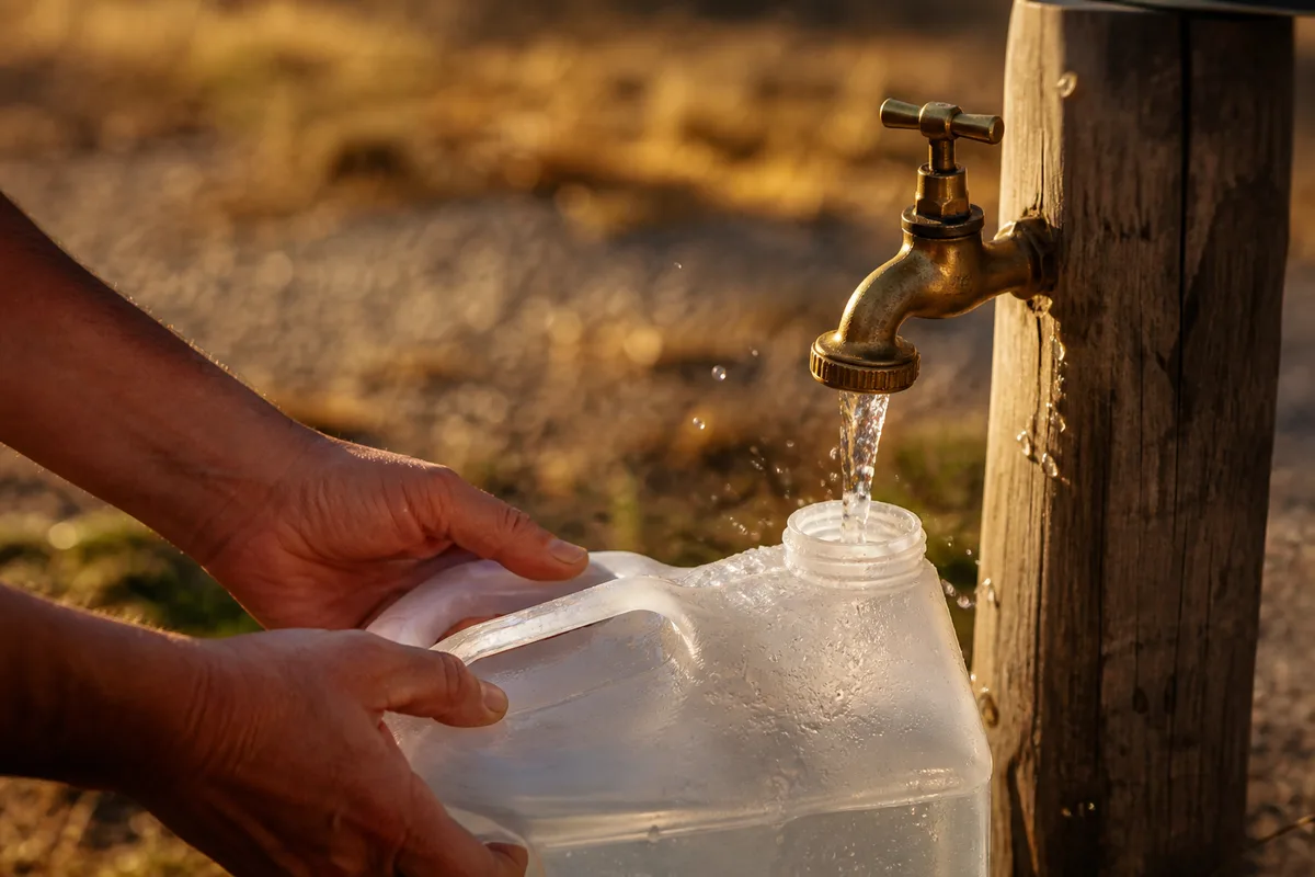 Mains remplissant un bidon d&rsquo;eau à un robinet d&rsquo;aire de services en fin de journée