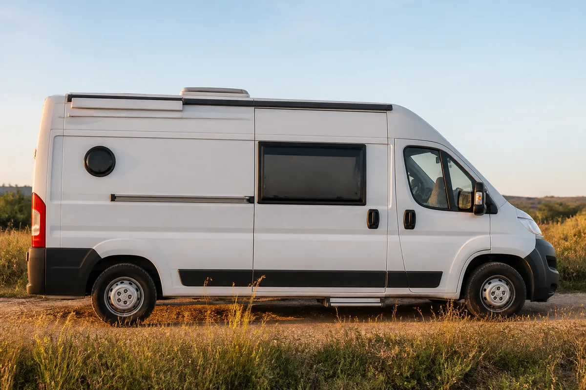 Van aménagé blanc garé au bord d’un chemin, carrosserie propre en fin de journée